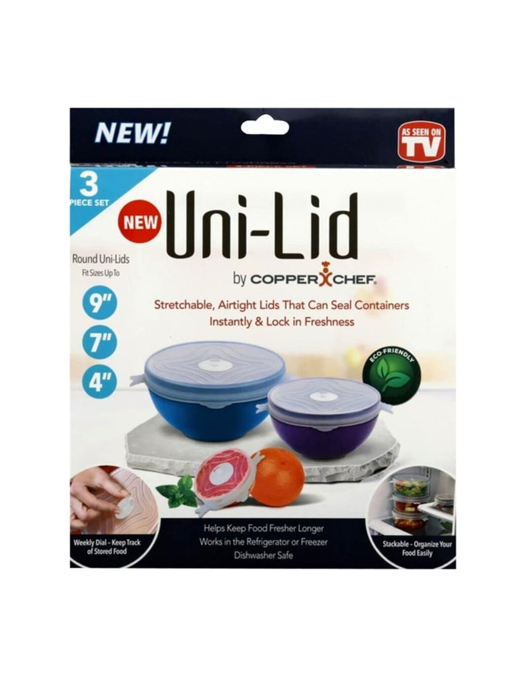 Copper Chef Uni-Lid 3 Piece Set 4” 7” 9” Stretch Silicone Airtight Lids